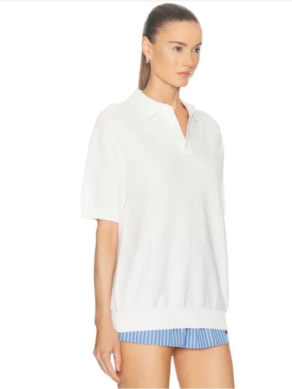 White Short-Sleeve V-Notch Polo Knit Top